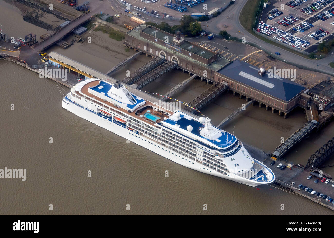 Silversea Cruise liner berthed at London international Cruise Terminal, Tilbury, East London, UK Stock Photo
