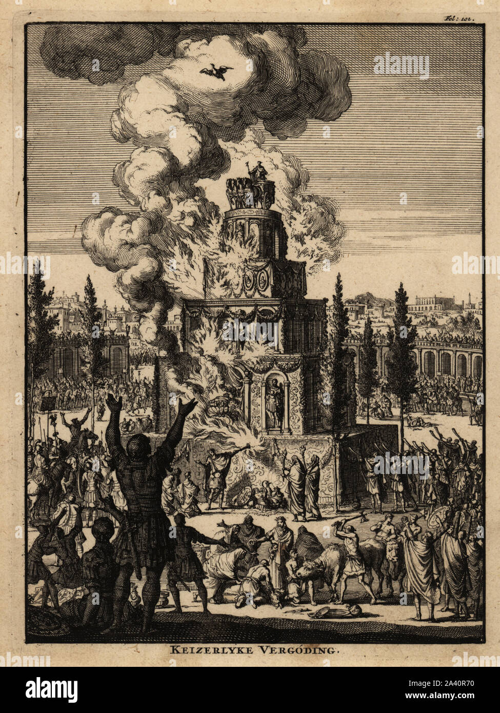 Five-story funeral pyre for a Roman Emperor in flames, Rome. The pyramid is decorated with garlands and statues, crowned with a figure on a quadriga, four-horse chariot. Legionnaires, eagle bearers and centurions grieve, musicians blow horns, men sacrifice bulls. Copperplate engraving by Jan Luyken from Abraham Bogaert’s De Roomsche Monarchy, The Roman Monarchy, Francois Salma, Utrecht, 1697. Stock Photo