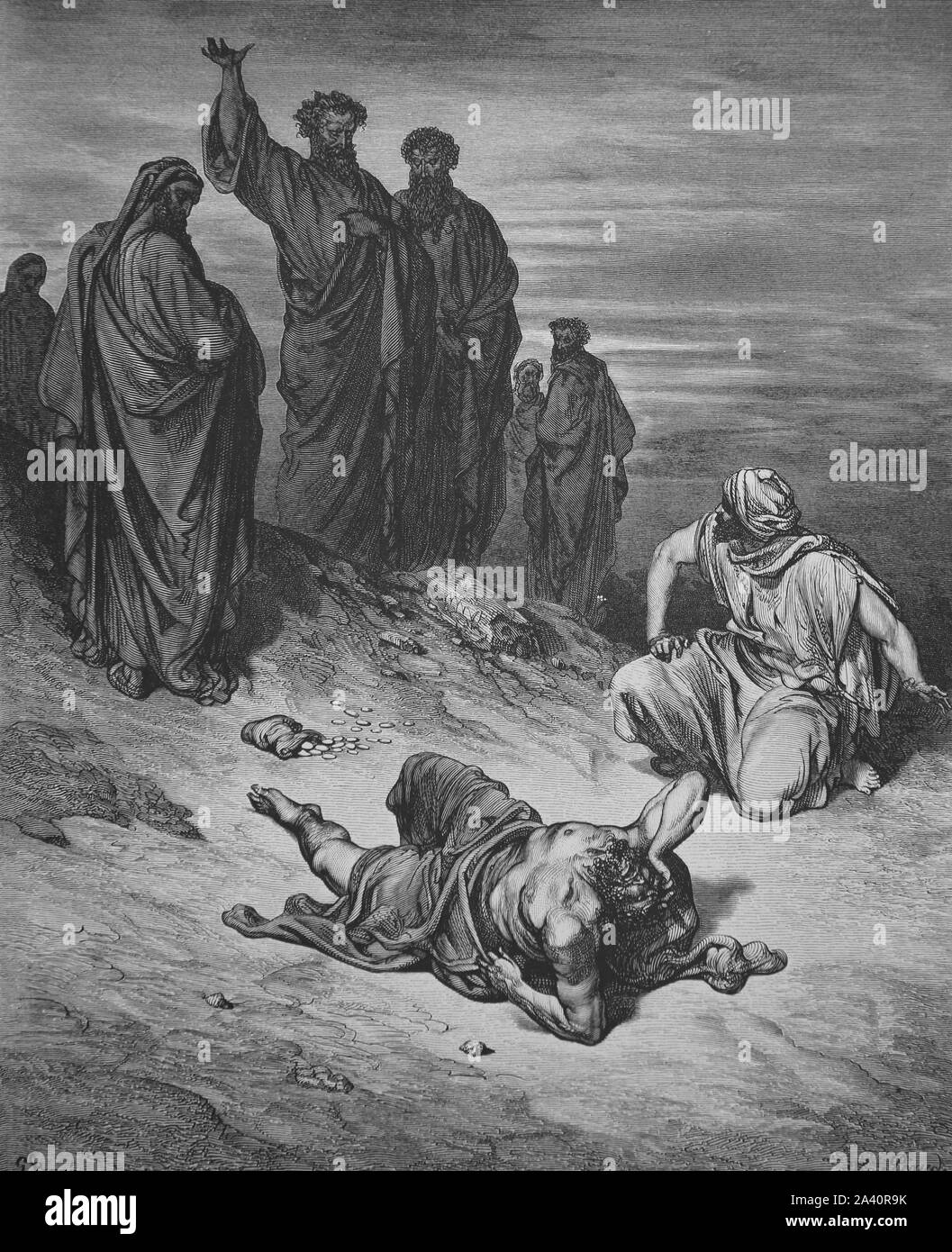 Act of the Apostles. 5:5. Death of Ananias. Engraving. Bible Illustration by Gustave Dore. 19th century. Stock Photo