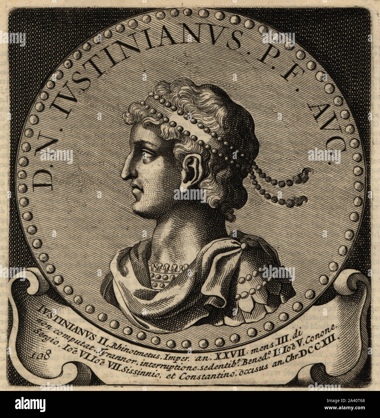 Byzantine Emperor Justinian II, 668-711. Flavius Iustinianus, Rhinotmetos or Rhinotmetus. Copperplate engraving from Abraham Bogaert’s De Roomsche Monarchy, The Roman Monarchy, Francois Salma, Utrecht, 1697. Stock Photo