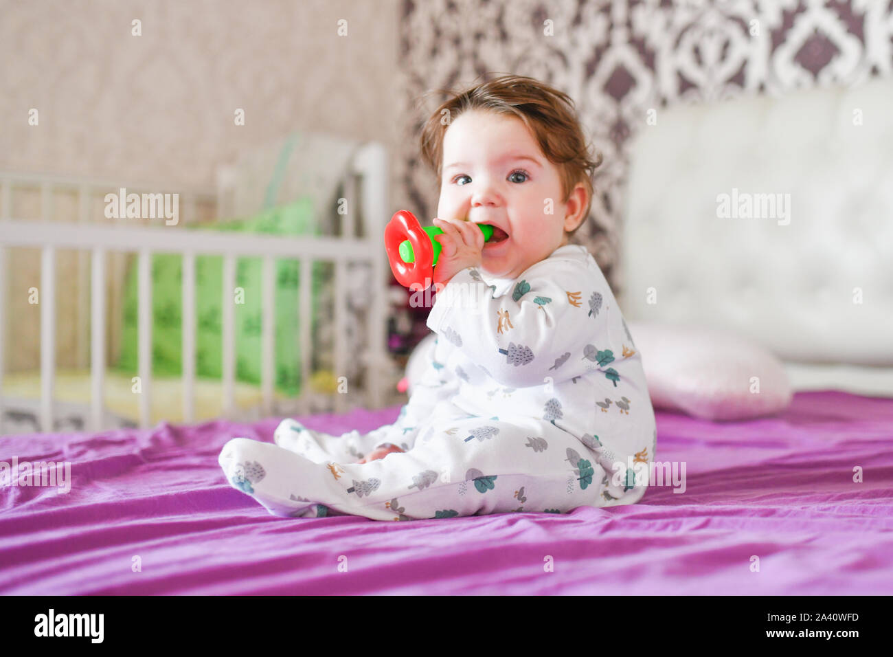 child plays with toys on the bed. The boy biting a toy on a bed at home  Stock Photo