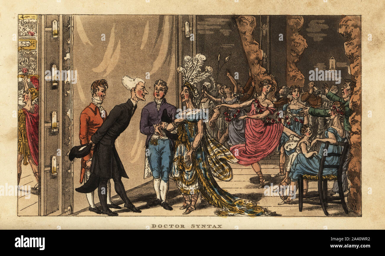 Georgian gentleman meeting the cast on stage at the London Opera. Introduced to an old soprano, while dancers rehearse in the background. Doctor Syntax behind the scenes at the Opera, London. Handcoloured copperplate engraving after an illustration by Isaac Robert Cruikshank from The Tour of Doctor Syntax through London, in the Pleasures and Miseries of the Metropolis, J. Johnson, London, 1820. Stock Photo