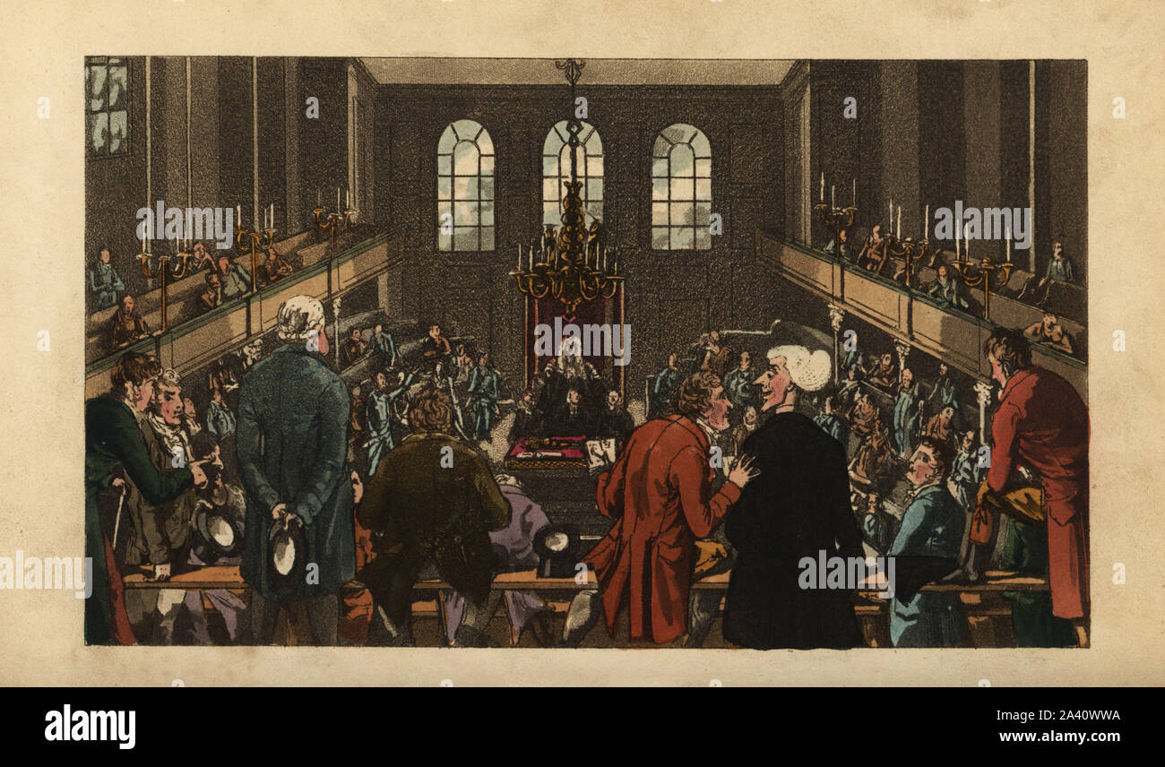 Scene inside the Houses of Parliament, London, 1820. Spectators in the gallery watch a debate by politicians. Doctor Syntax at the House of Commons, 1820. Handcoloured copperplate engraving after an illustration by Isaac Robert Cruikshank from The Tour of Doctor Syntax through London, in the Pleasures and Miseries of the Metropolis, J. Johnson, London, 1820. Stock Photo