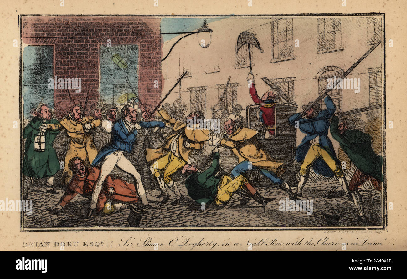 Download Irish Gentlemen Boxing And Brawling With Night Watchmen Dublin 1822 A Man In A Sedan Chair Waves A Bicorne Hat Brian Boru Sir Shawn O Dogherty On A Night Row With The Charleys