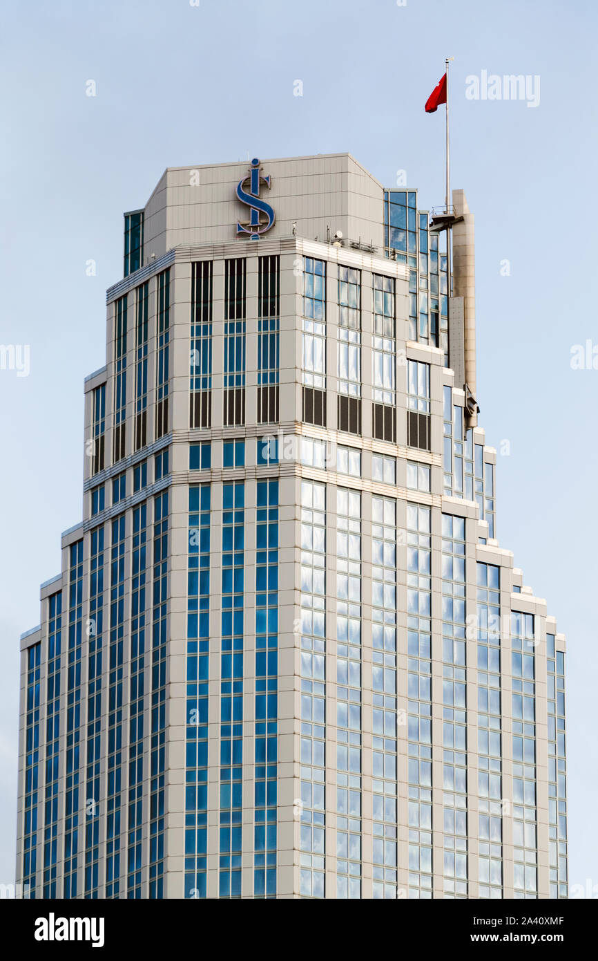 Logo of Isbank, a leading bank in Turkey, at the rooftop of its headquarters located in the tallest building of the Is Towers Complex at Levent, Istan Stock Photo