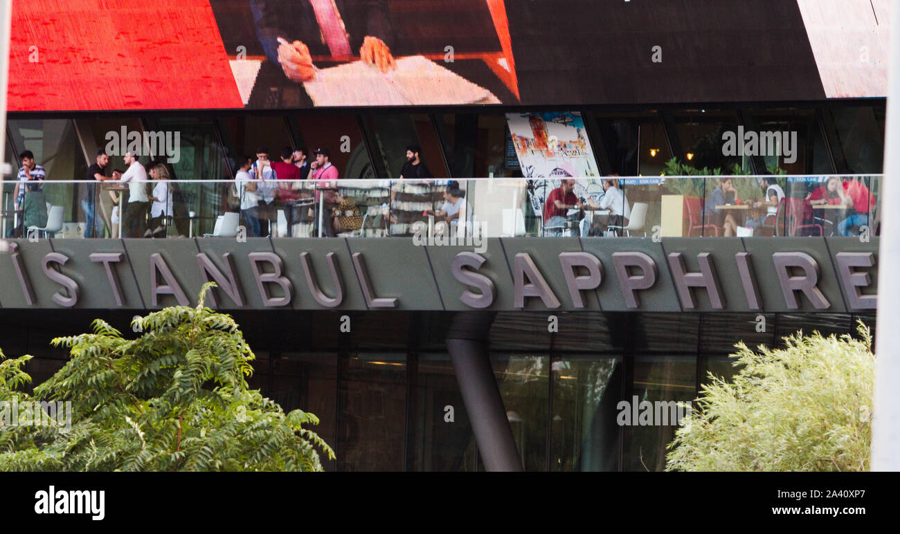 Sapphire building is the tallest building in Istanbul, located at Levent, the financial center of Turkey. Close up of the terrace of Sapphire building. Stock Photo
