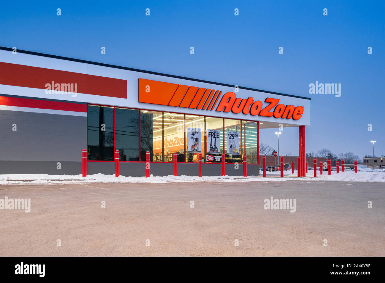 YORKVILLE, NEW YORK - MAR 05, 2019: Winter view of AutoZone, which is the second-largest aftermarket automotive parts and accessories retailer in the Stock Photo