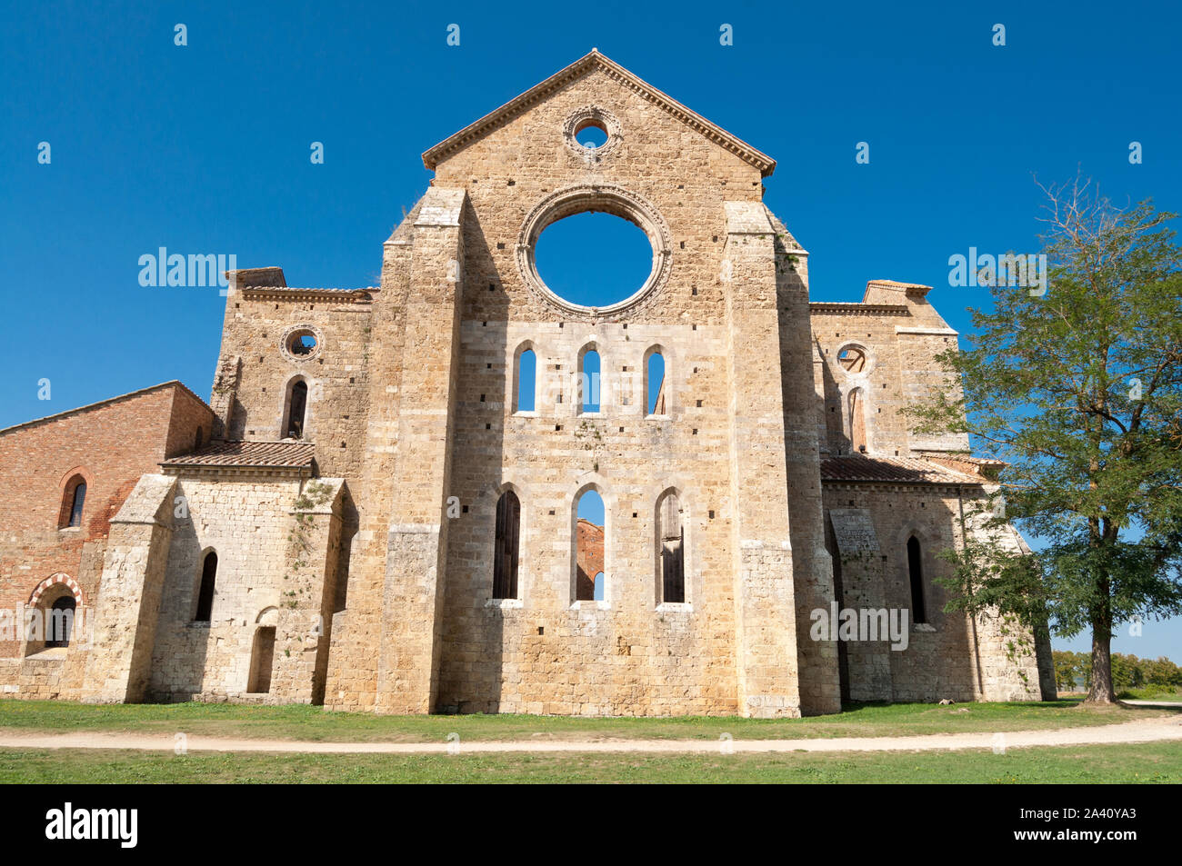 beautiful front view of San Galgano church, Tuscany Stock Photo