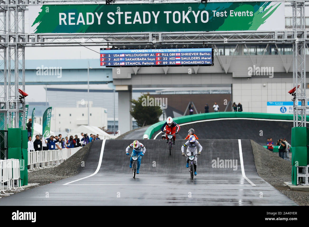 Ariake Urban Sports Park, Tokyo, Japan. 11th Oct, 2019. (L to R) Willoughby Alise (USA), Stancil Felicia (USA), Saya Sakakibara (AUS), OCTOBER 11, 2019 - Cycling - BMX : READY STEADY TOKYO - Cycling (BMX Racing) Woen's BMX Race Final at Ariake Urban Sports Park, Tokyo, Japan. Credit: Naoki Morita/AFLO SPORT/Alamy Live News Stock Photo