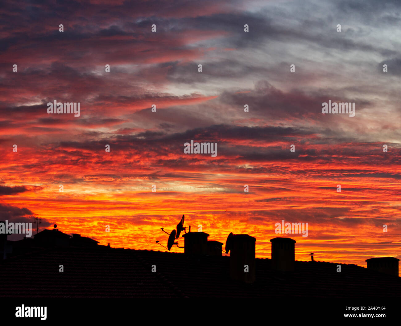 Sky in flame over Bologna, Italy. Stock Photo