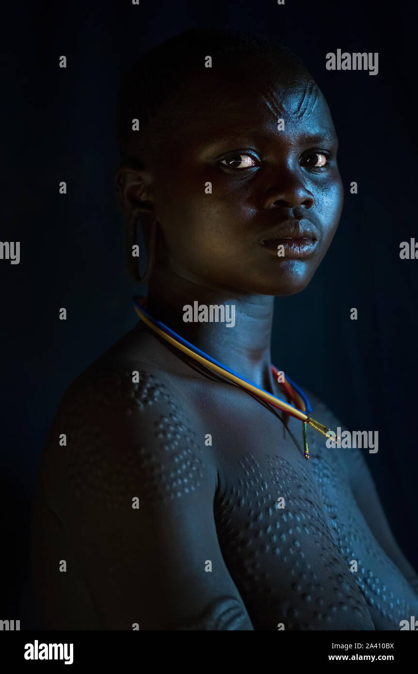 ETHIOPIA: Scarification is a sign of great beauty throughtout the valley. SHOCKING pictures show the strange customs of tribes in the Omo Valley where Stock Photo