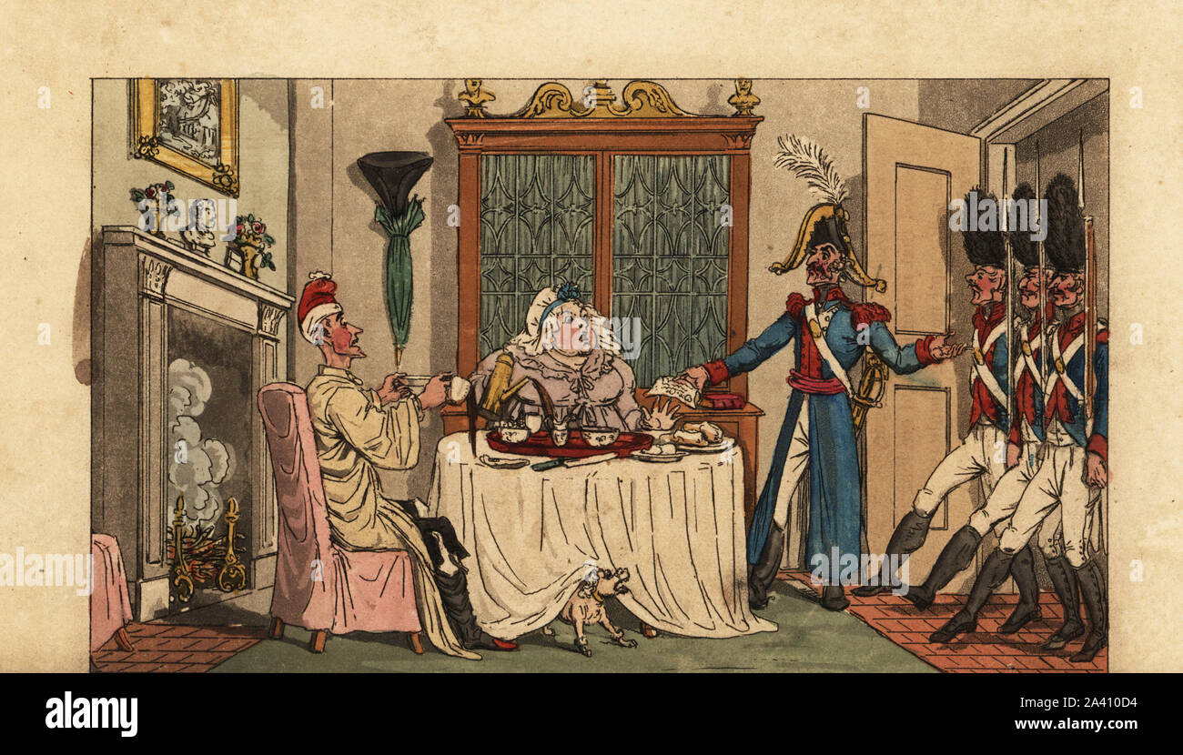 English tourists arrested in their hotel room at breakfast by a French officer and three musketeers. Doctor Syntax alarmed by a domiciliary visit. Handcoloured copperplate drawn and engraved by Charles Williams from Doctor Syntax in Paris; or a Tour in Search of the Grotesque, W. Wright, London, 1820. Stock Photo