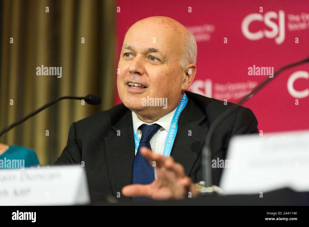 © Chris Bull. 01/11/19  MANCHESTER   , UK.    Conservative Party Conference 2019 at Manchester Central. Fringe event - The Centre For Social Justice : It can be stopped : Putting an end to gang related violent crime. Iain Duncan Smith MP    Photo credit: CHRIS BULL Stock Photo