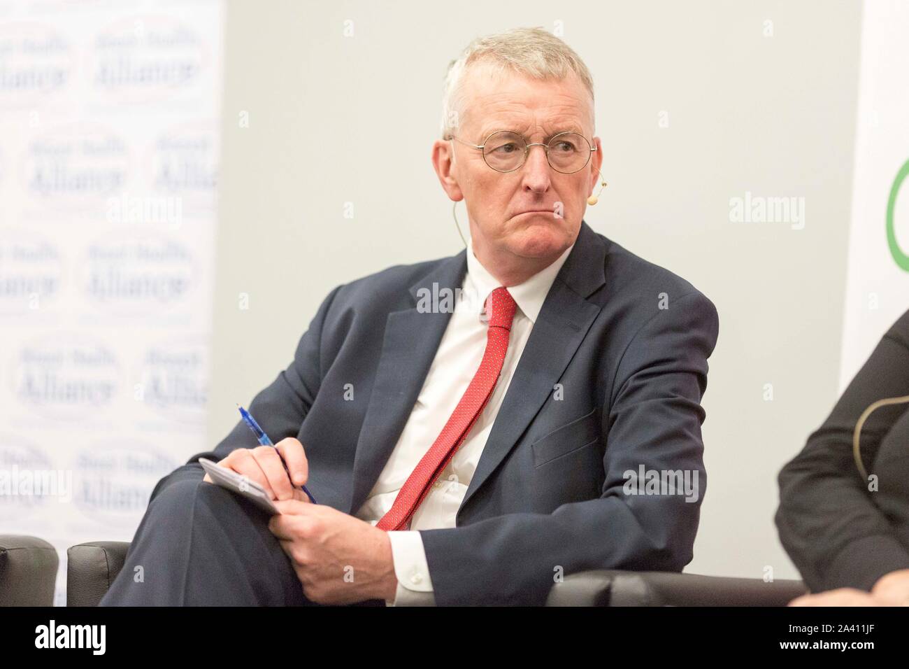 © Chris Bull. 23/09/19  BRIGHTON   , UK.    Labour Party Annual Conference 2019 in Brighton. Hilary Benn MP is pictured today (Monday 23rd September) during fringe session - The NHS in a Post-Brexit World.    Photo credit: CHRIS BULL Stock Photo