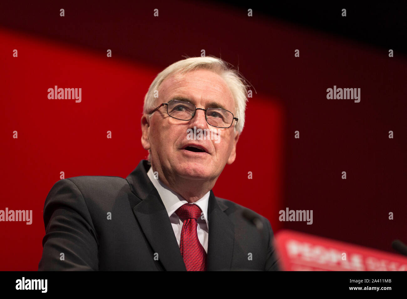 © Chris Bull. 23/09/19  BRIGHTON   , UK.    Labour Party Annual Conference 2019 in Brighton. John McDonnell  MP , Shadow Chancellor of the Exchequer is pictured today (Monday 23rd September) delivering his conference speech.    Photo credit: CHRIS BULL Stock Photo