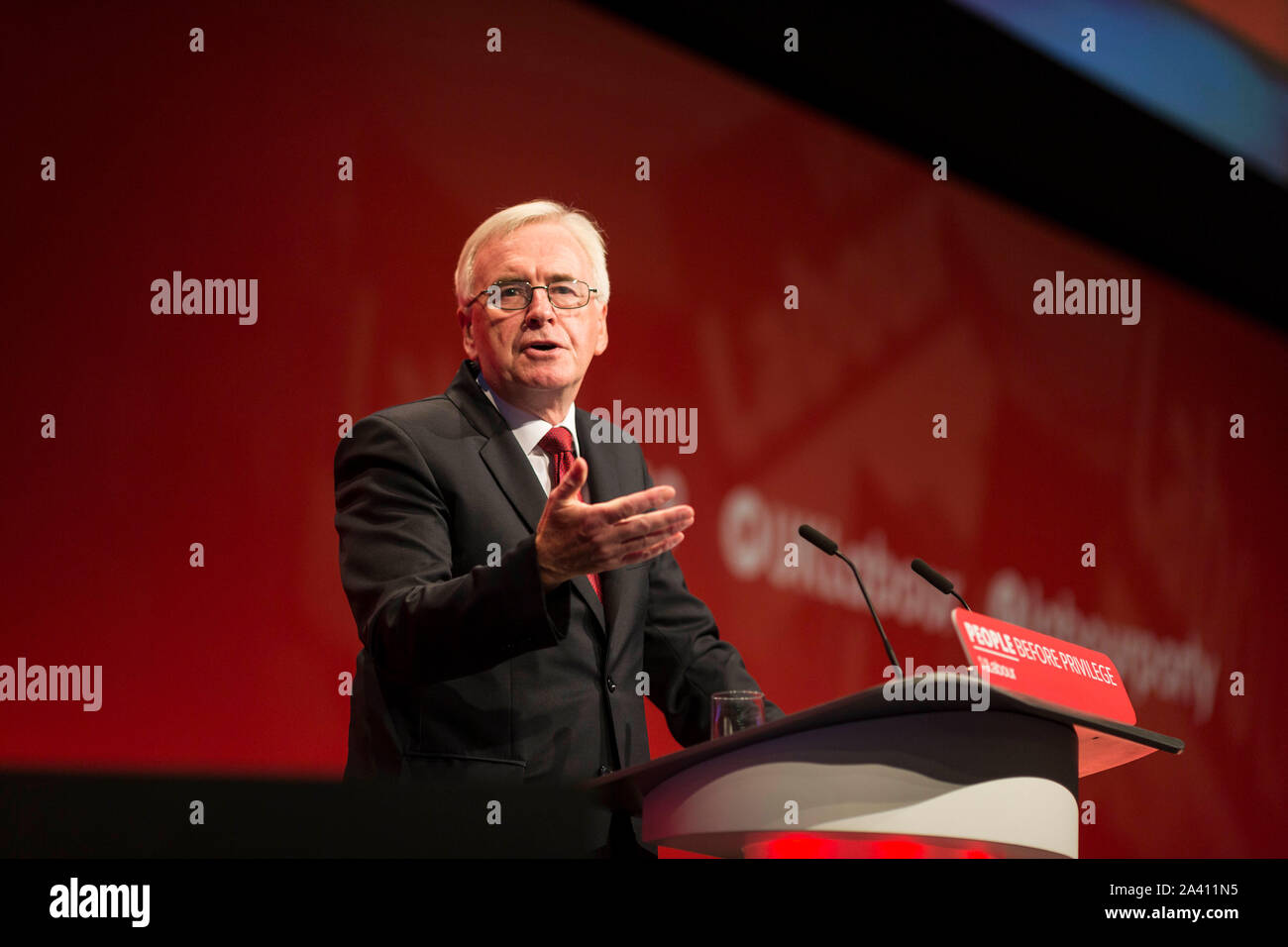 © Chris Bull. 23/09/19  BRIGHTON   , UK.    Labour Party Annual Conference 2019 in Brighton. John McDonnell  MP , Shadow Chancellor of the Exchequer is pictured today (Monday 23rd September) delivering his conference speech.    Photo credit: CHRIS BULL Stock Photo