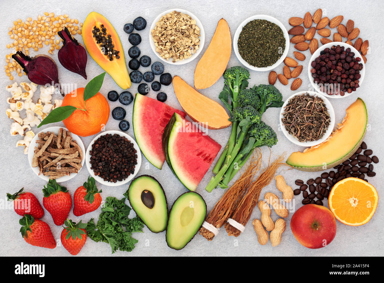 Super food for vitality, energy & fitness with fruit, vegetables, coffee, nuts and herbal