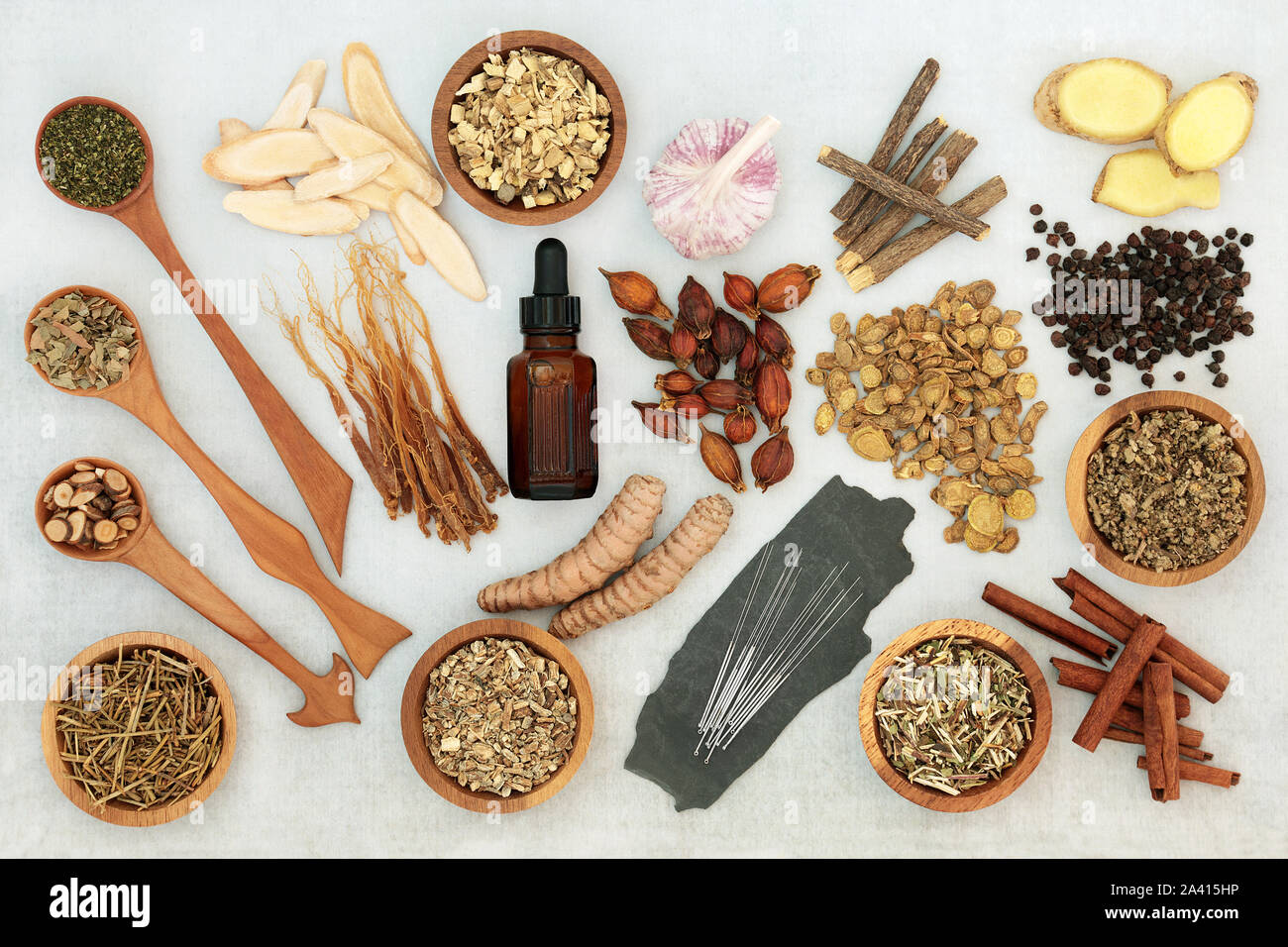 Alternative and chinese herbal medicine to treat asthma, COPD and respiratory diseases with herbs & spice selection and acupuncture needles. Flat lay. Stock Photo