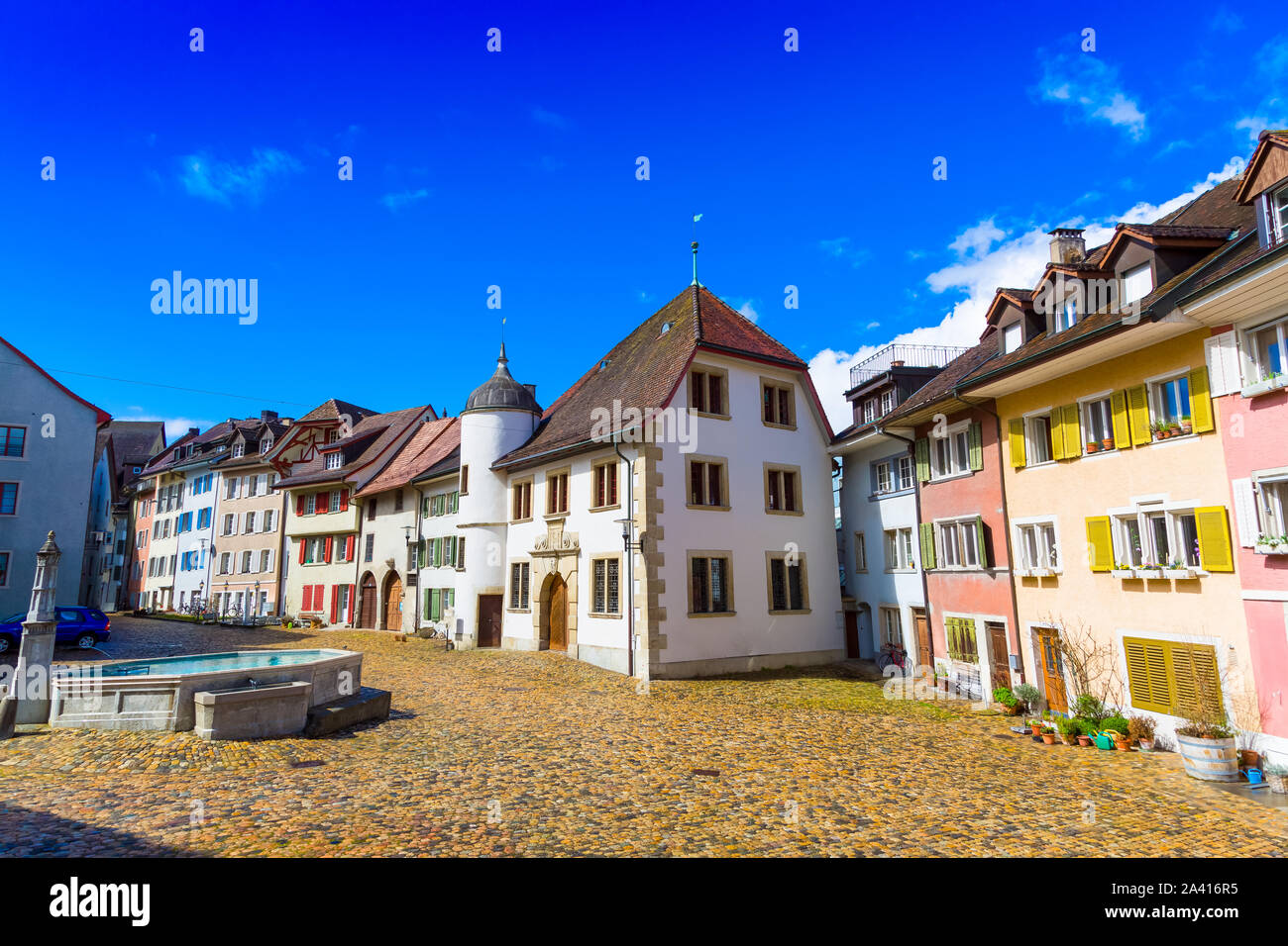 Old town buildings and fountain in Brugg town, Canton Aargau, Switzerland Stock Photo