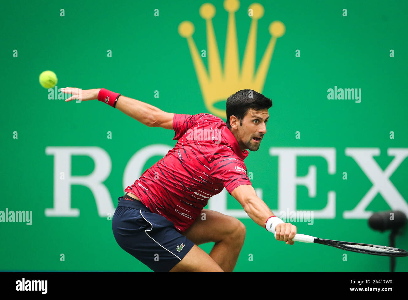 Serbian professional tennis player Novak Djokovic competes against Greek  professional tennis player Stefanos Tsitsipas during the quarterfinal of  2019 Rolex Shanghai Masters, in Shanghai, China, 11 October 2019. Serbian  professional tennis player