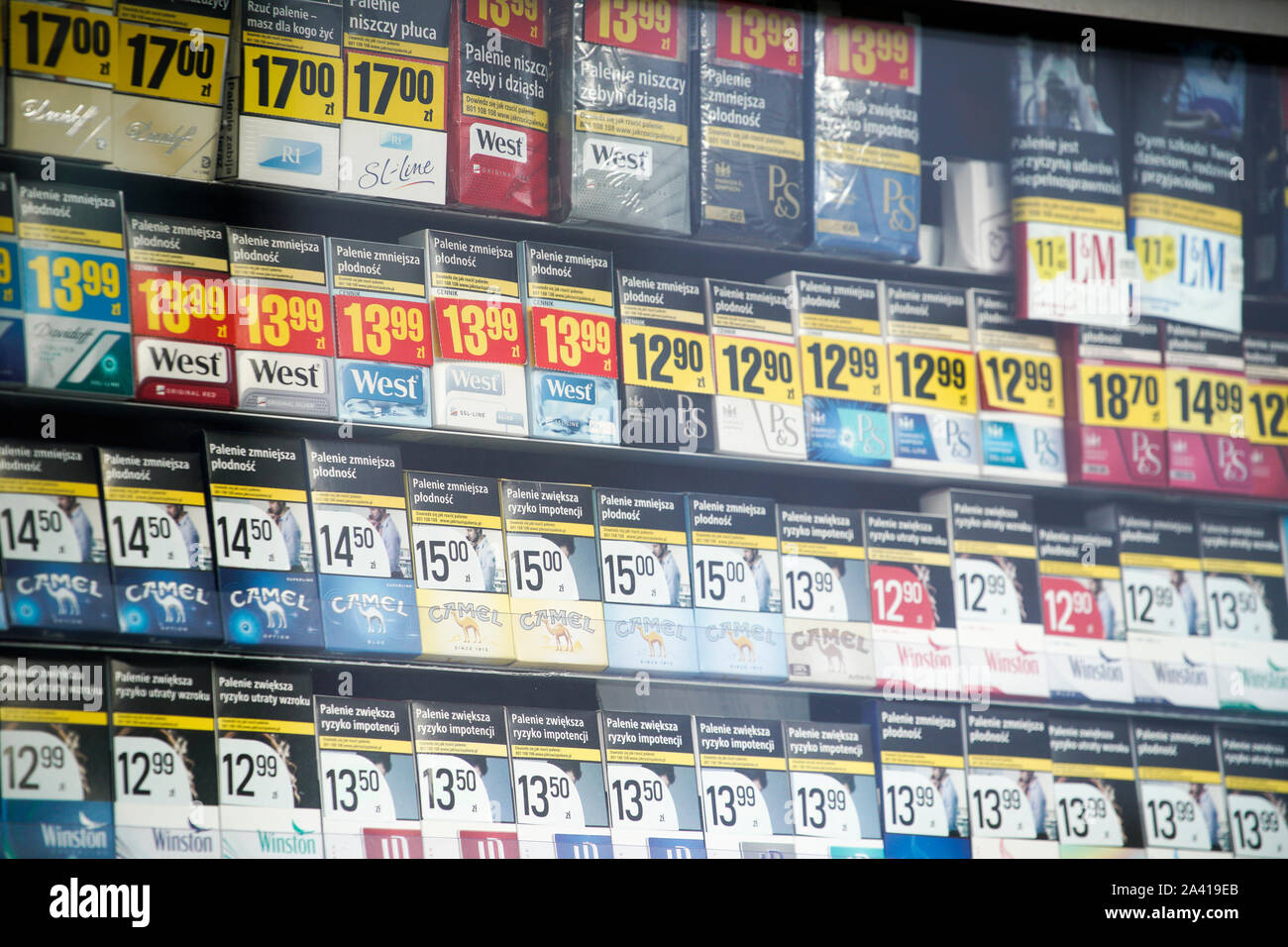 cigarettes from poland Cigarettes are seen on sale at a kiosk in Bydgoszcz, Poland on October 9,  2019 Stock Photo