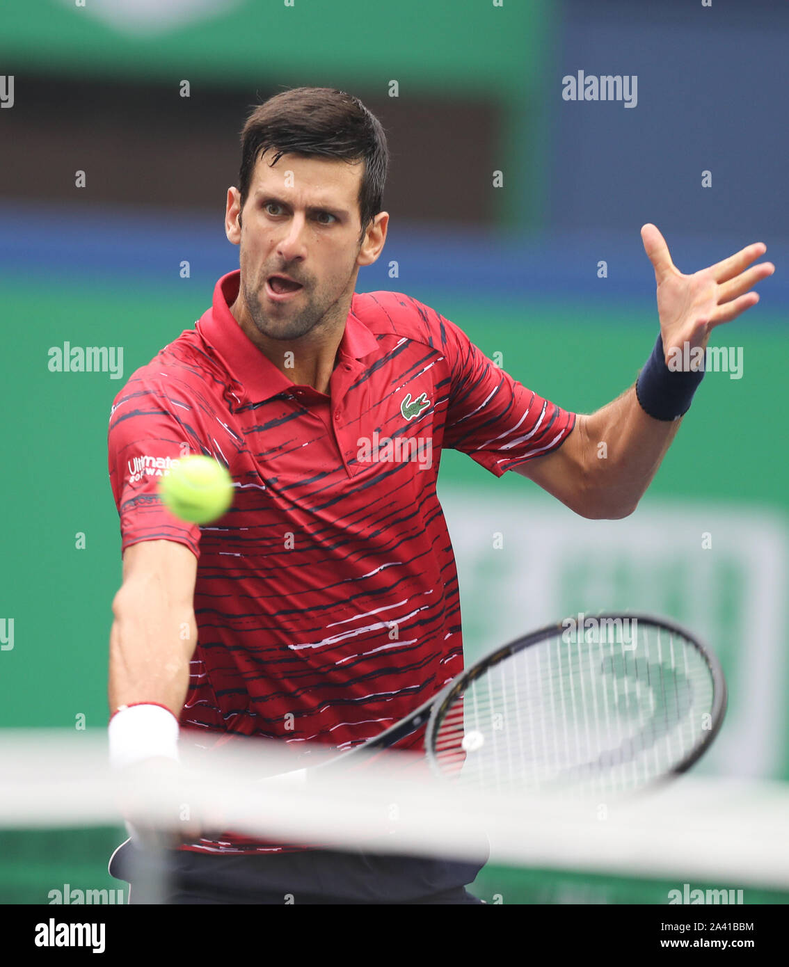 Shanghai, China. 11th Oct, 2019. Novak Djokovic of Serbia competes during  the men's singles quarterfinal match between Novak Djokovic of Serbia and  Stefanos Tsitsipas of Greece at 2019 ATP Shanghai Masters tennis