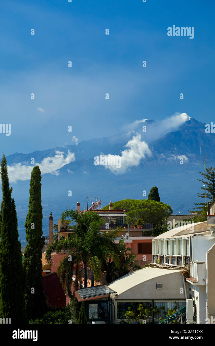 View of Mount Etna from Taormina Stock Photo