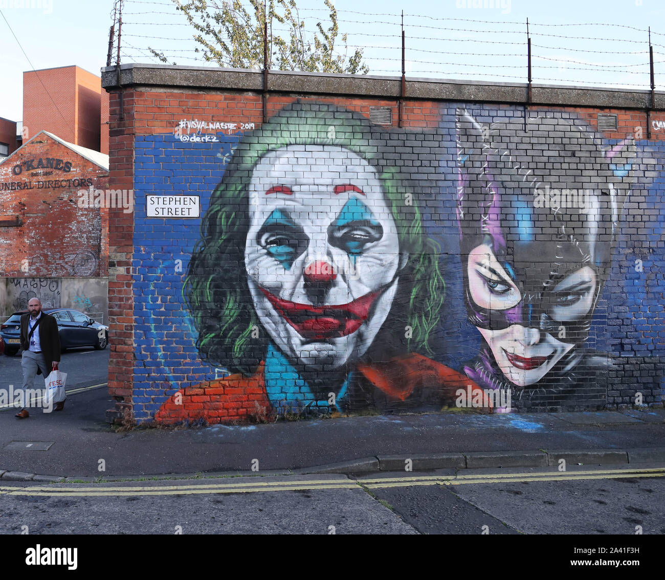 Belfast graffiti and mural art company, Visual Waste, have produced a tribute to the new Joker film, on Stephen Street, Belfast. Stock Photo