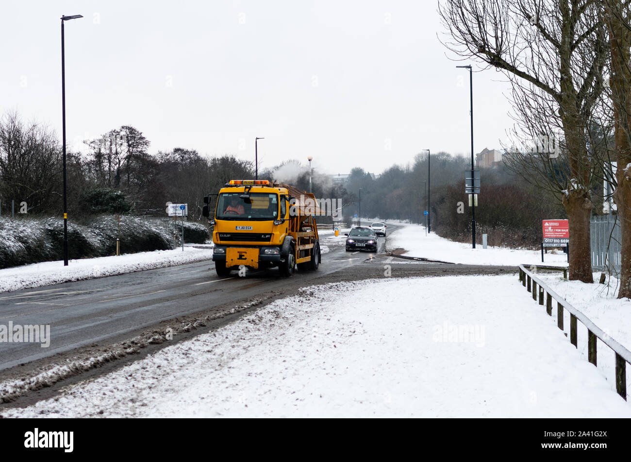 Roads being gritted after snow storm Stock Photo