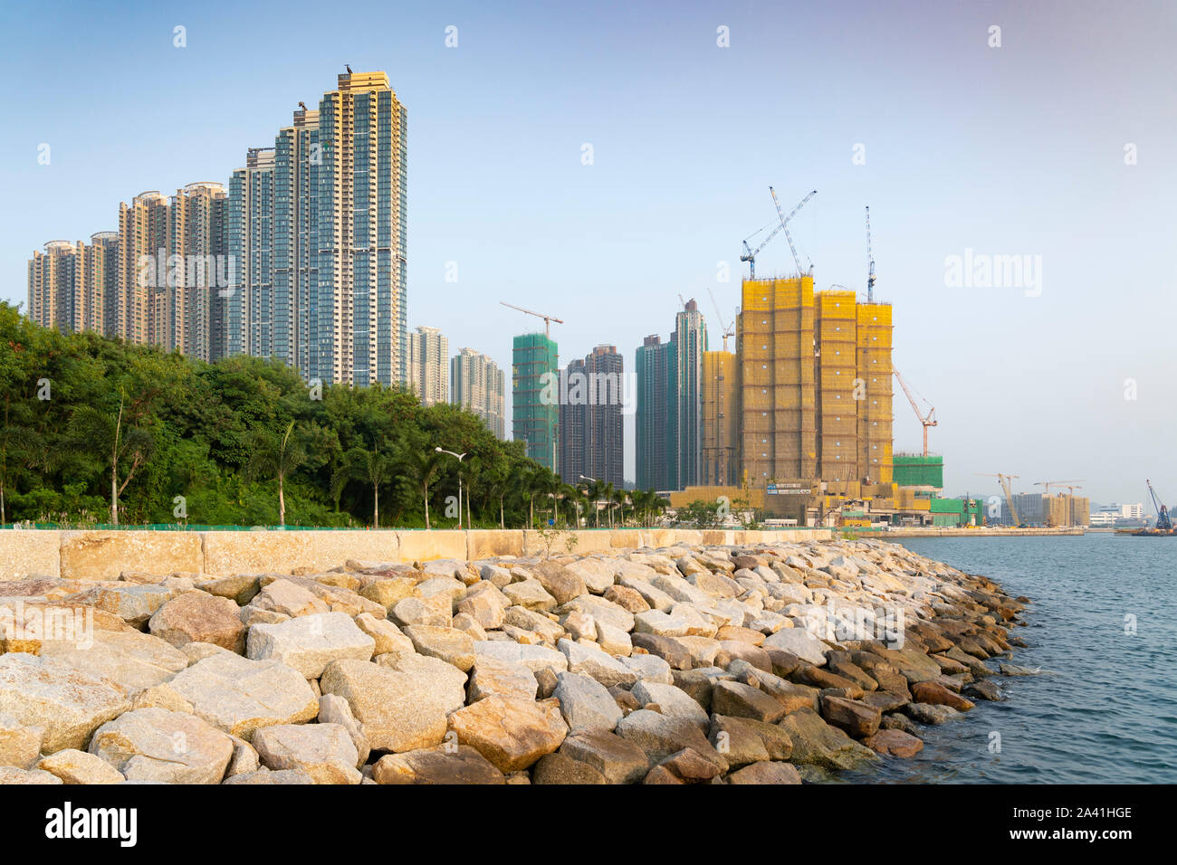 View of new dense urban highrise apartment buildings in LOHAS Park new