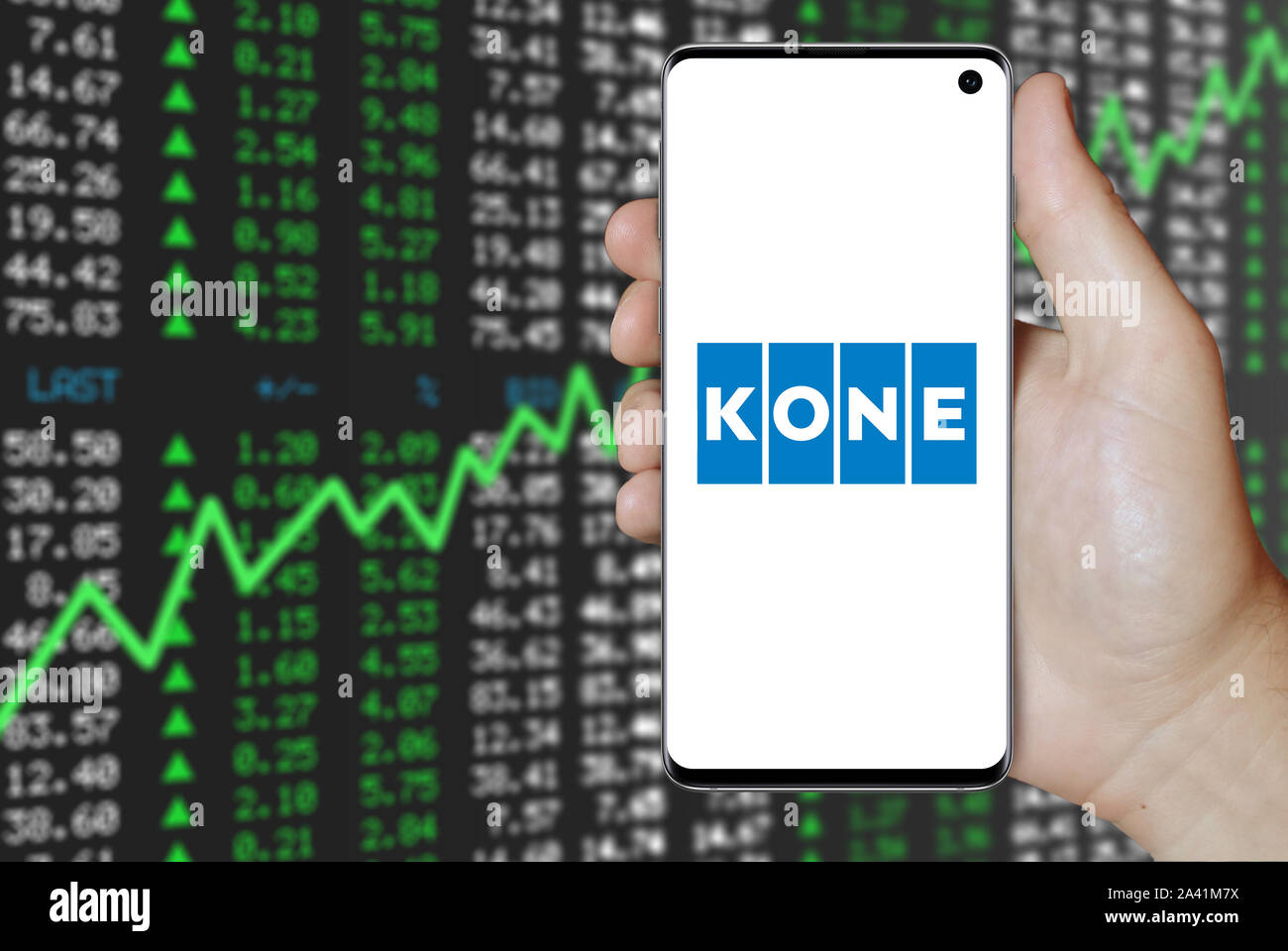 A Man Holds A Phone Displaying The Logo Of Company Kone Listed On Omx Helsinki Positive Stock Market Credit Pixduce Stock Photo Alamy