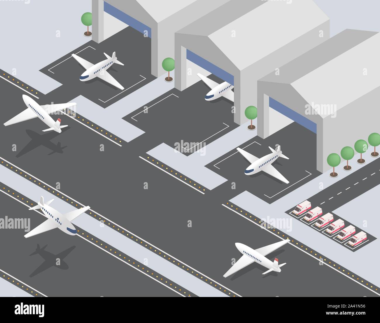 Departing, arriving planes isometric vector illustration. Civil aviation, passenger transportation business, commercial airline. Modern airfield, airport runway with aircrafts and ambulance cars Stock Vector