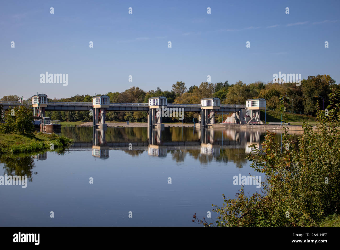 View of Labe (Elbe) River and the floodgate and bridge in Pardubice, Czech Republic Stock Photo