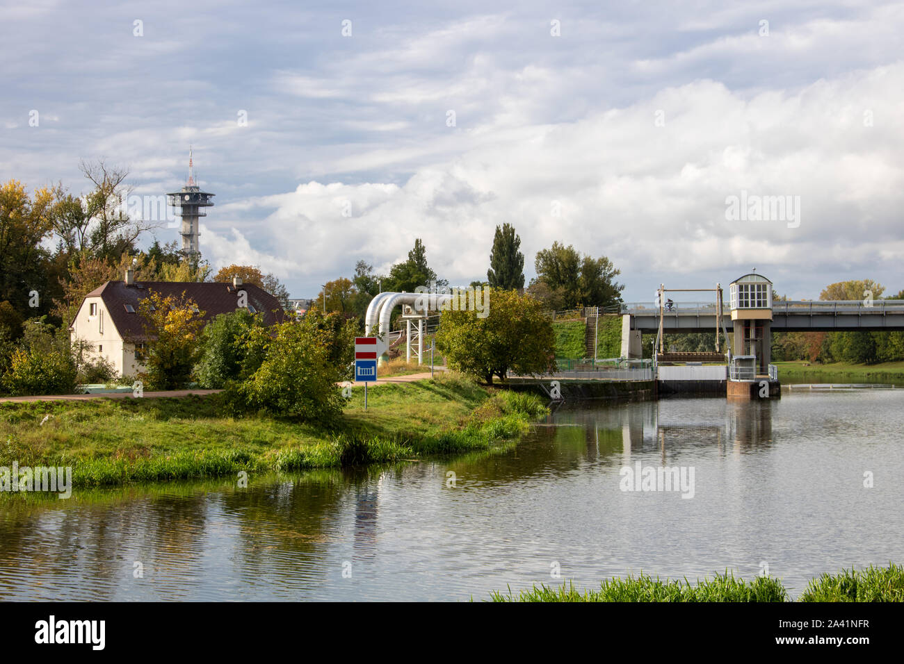 View of the Labe (Elbe) river where it intersectes with the Chrudimka River in Pardubice, Czech Republic. Stock Photo