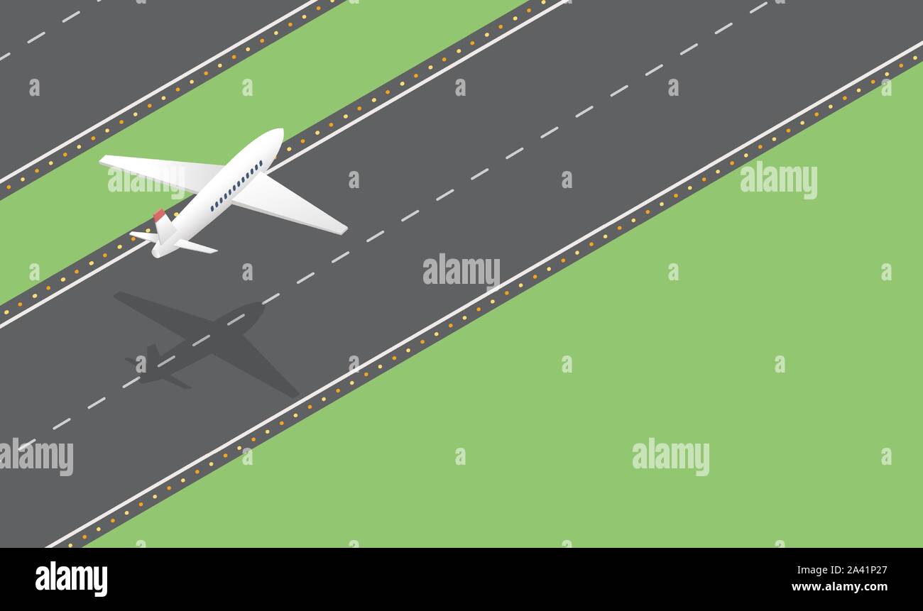 Passenger plane takeoff isometric vector illustration. Civil aviation industry, transportation business, commercial airlines service. Airport runway, modern aircraft landing, private jet taking off Stock Vector