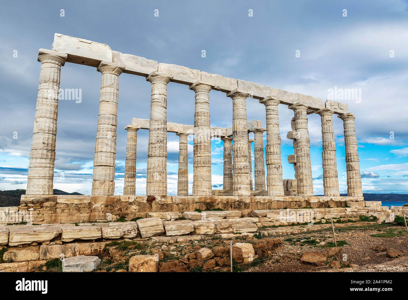 Ancient Greek temple of Poseidon at Cape Sounion in the coast of East ...
