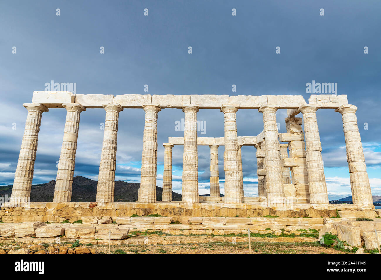 Ancient Greek temple of Poseidon at Cape Sounion in the coast of East ...