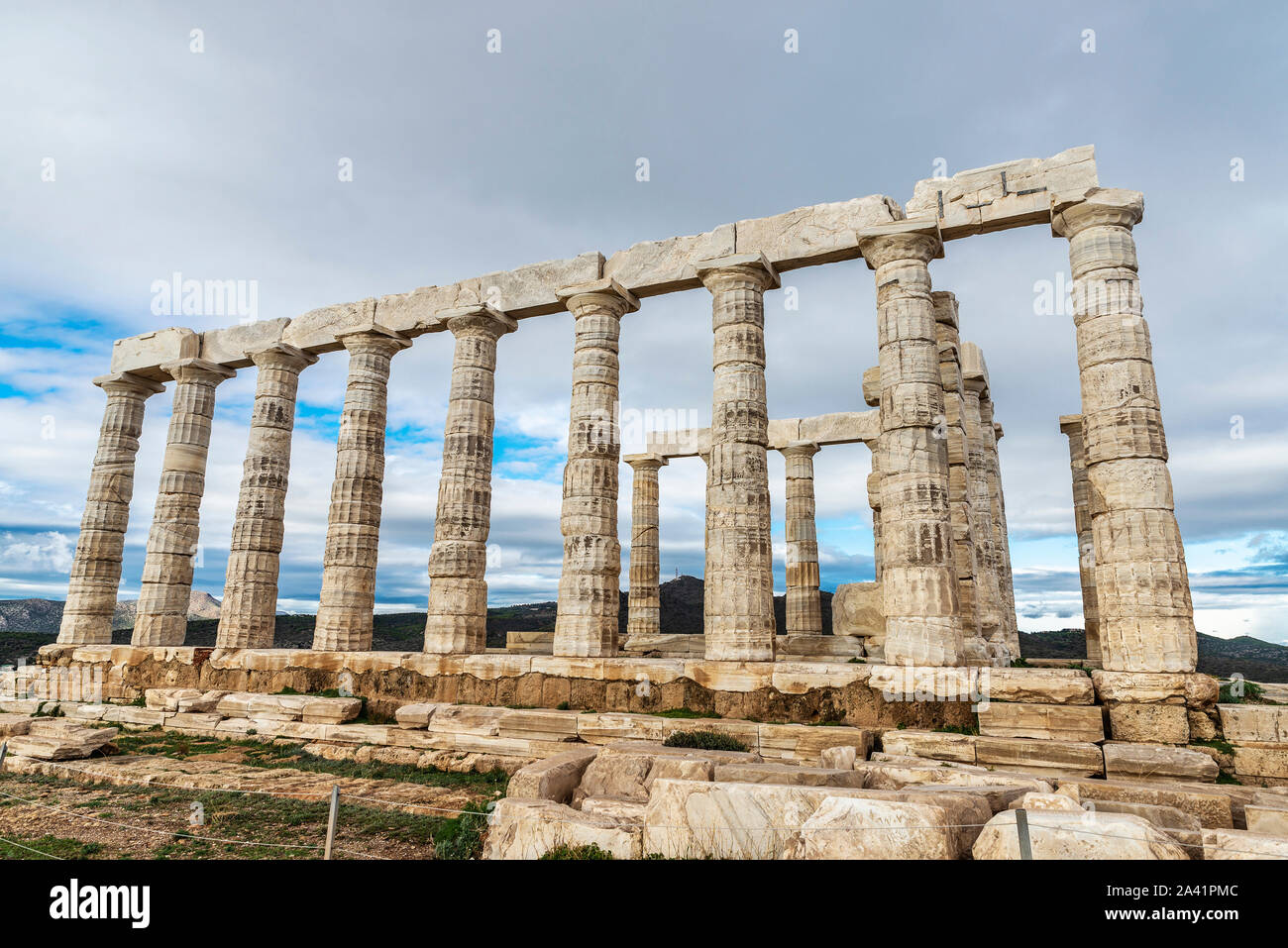 Ancient Greek temple of Poseidon at Cape Sounion in the coast of East ...