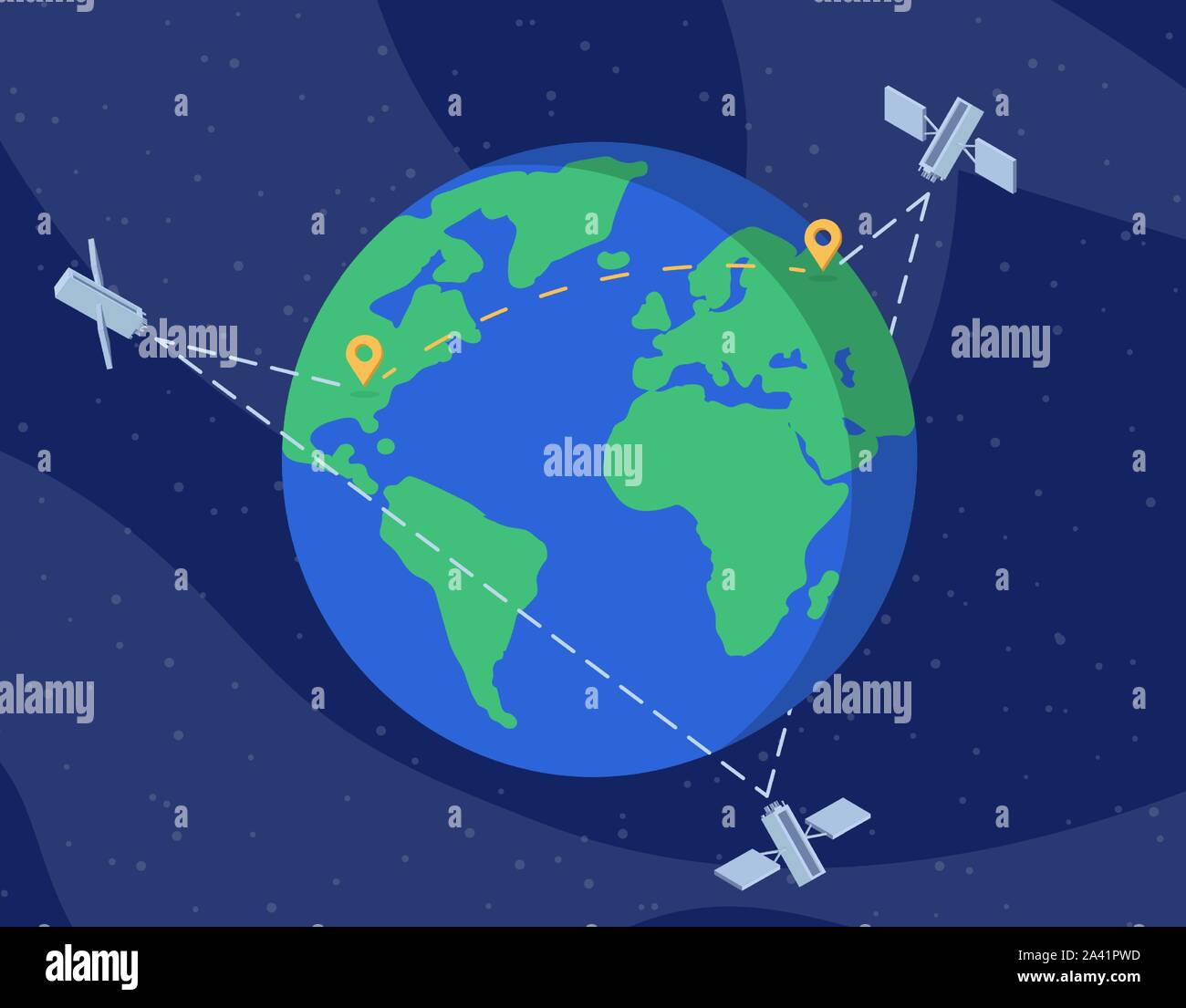 Global satellite network flat vector illustration. International communication technology, wireless information transfer cartoon concept. Telecommunication equipment, space probes and location marks Stock Vector