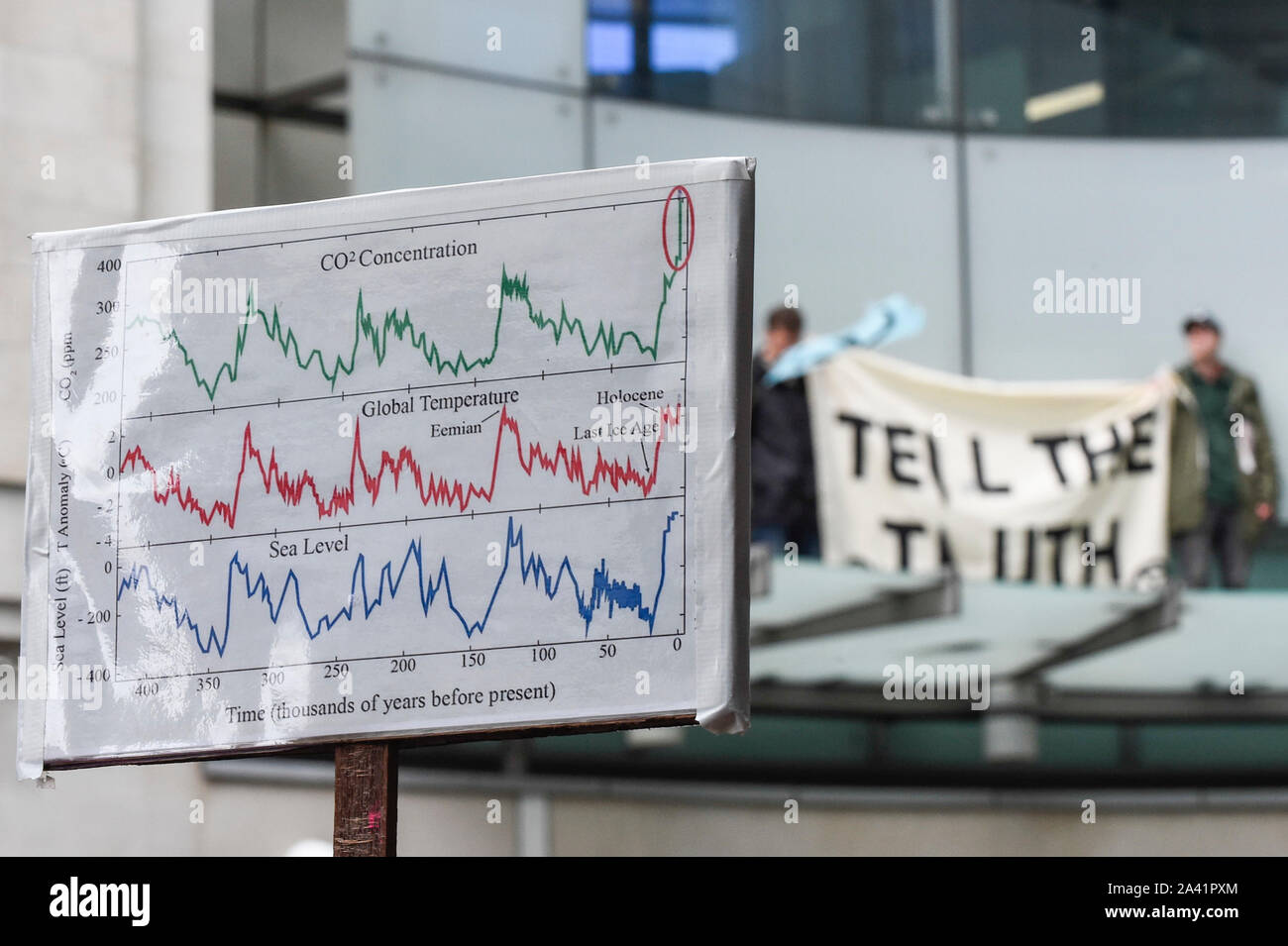 London, UK. 11 October 2019.  A sign depicting climate statistics in front of members of Extinction Rebellion who have climbed onto the canopy outside the headquarters of BBC at Portland Place on day 5 of their demonstrations.  Climate activists are demanding that the government takes immediate action against the negative effects of climate change.  Credit: Stephen Chung / Alamy Live News Stock Photo