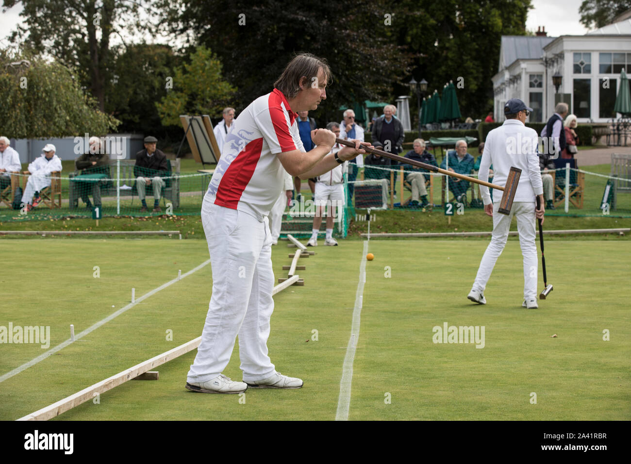 James Death at Phyllis Court V Nottingham in the National Golf Croquet Inter-Club Championship Final at Phyllis Court Club, Henley on Thames, UK Stock Photo