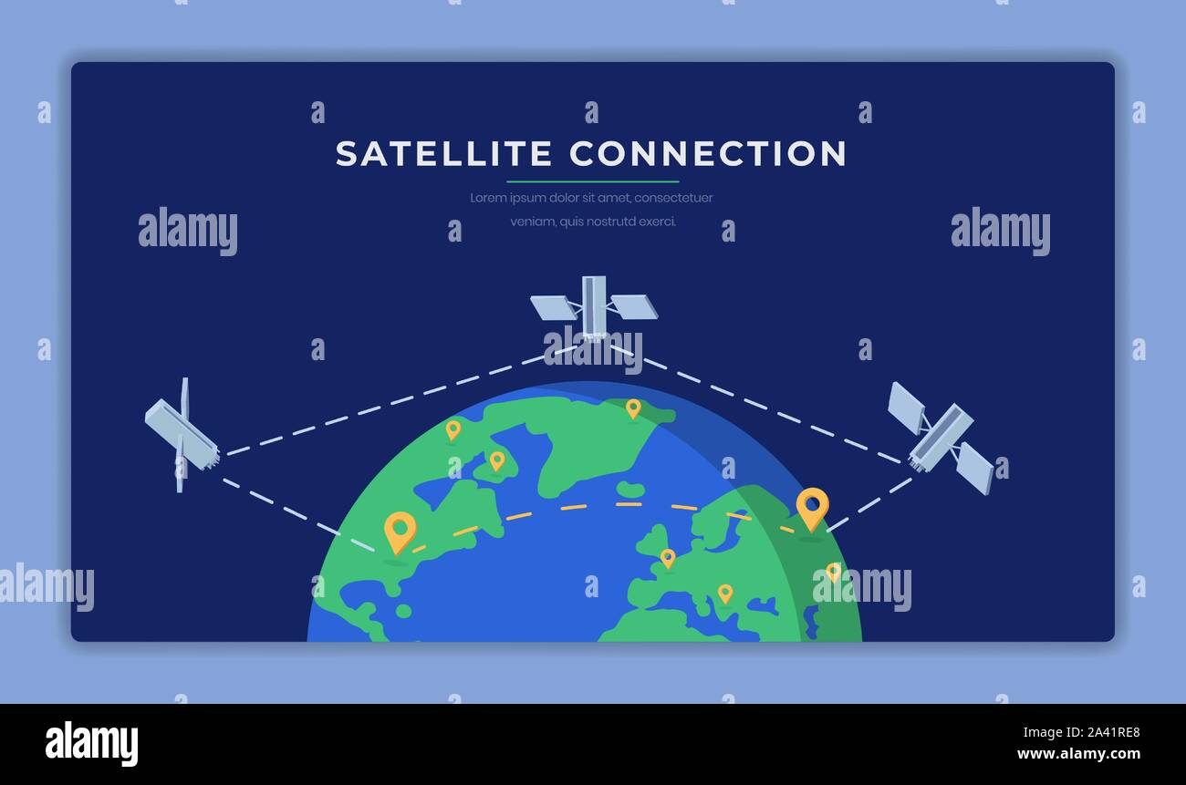 Satellite connection flat banner vector template. Modern telecommunication technology, international information network cartoon poster layout. Broadcasting equipment illustration with text space Stock Vector