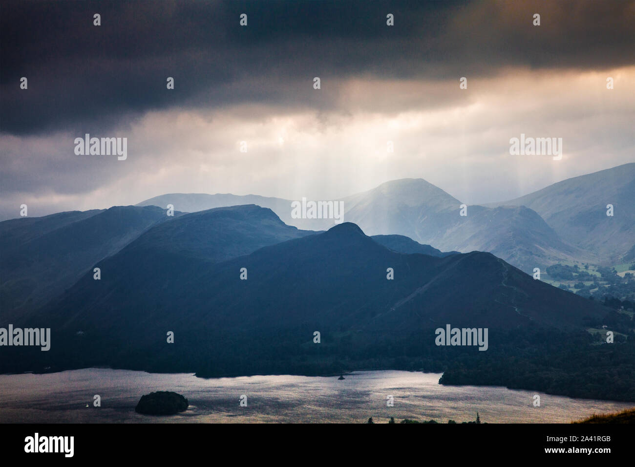 Stormy View over Derwent Water and Cat Bells in the Lake District, Cumbria taken from Latrigg. Stock Photo