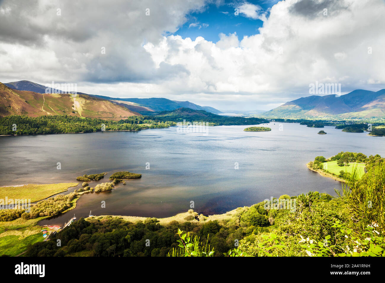 The iconic view over Derwent Water taken from Surprise View. Stock Photo