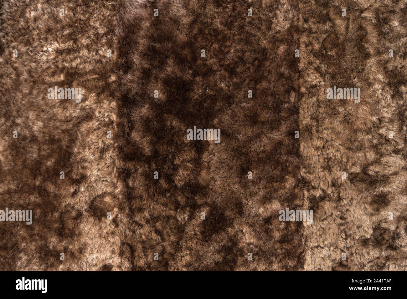 Natural fur sample. Surface made of brown wool. Luxury coat or scarf. Abstract textured background with copy space. Stock Photo