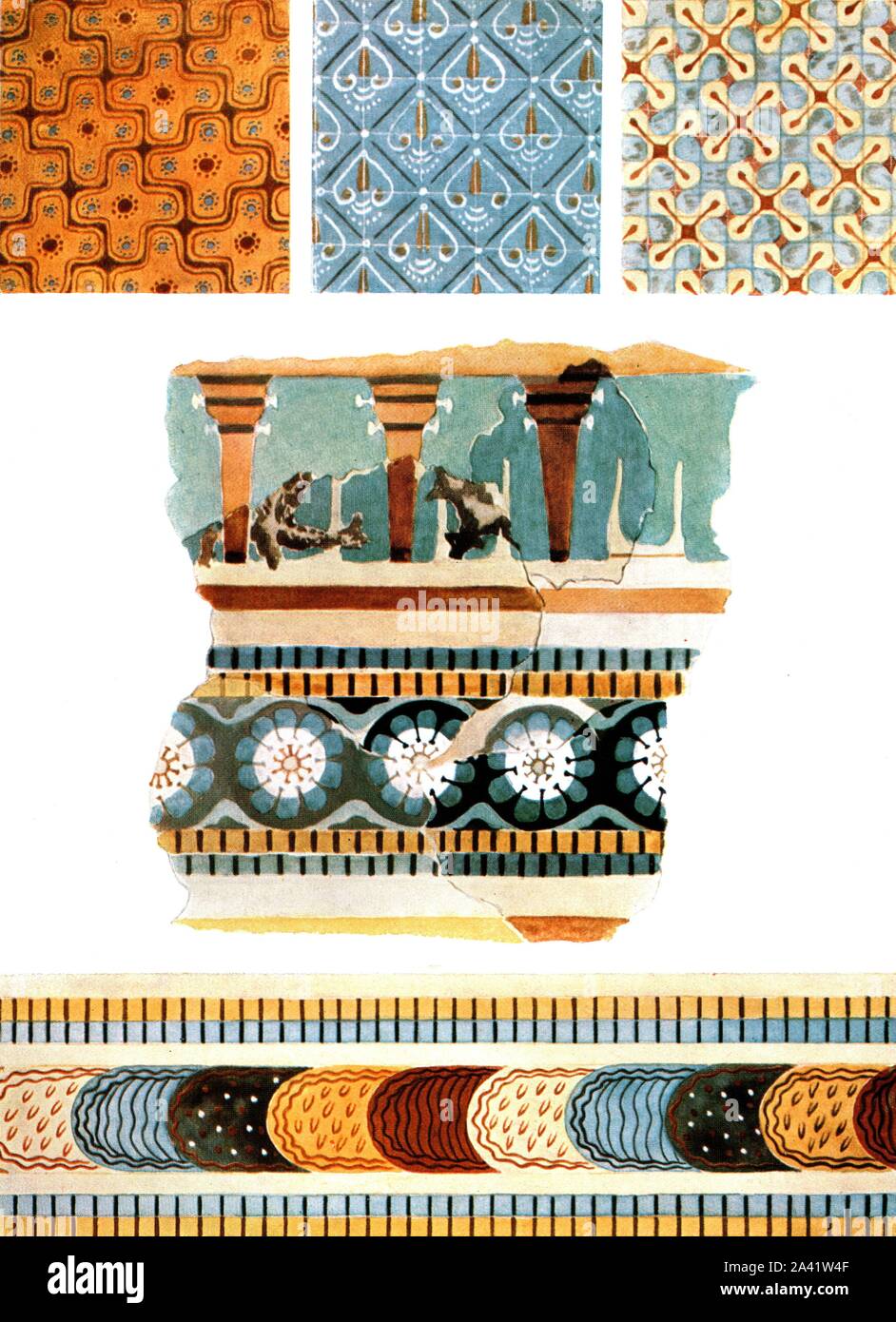 Textile patterns and fresco fragments from Crete, Greece, (1928). '1700-1400 B.C...Two textile patterns from the Procession Fresco at Cnossos [Knossos], about 1550-1400 B.C. Textile pattern of a fresco at Hagia Triada, about 1700-1600 B.C.', after watercolours by &#xc9;mile Gilli&#xe9;ron. 'Fresco fragment showing columns from Cnossos, about 1700-1550 B.C. Ornament from the fresco representation of scenes of the bull-ring from Cnossos, about 1550 B.C.', after a watercolour by &#xc9;mile Gilli&#xe9;ron. Plate XVI, figs 44-48, from &quot;An Encyclopaedia of Colour Decoration from the Earliest Ti Stock Photo