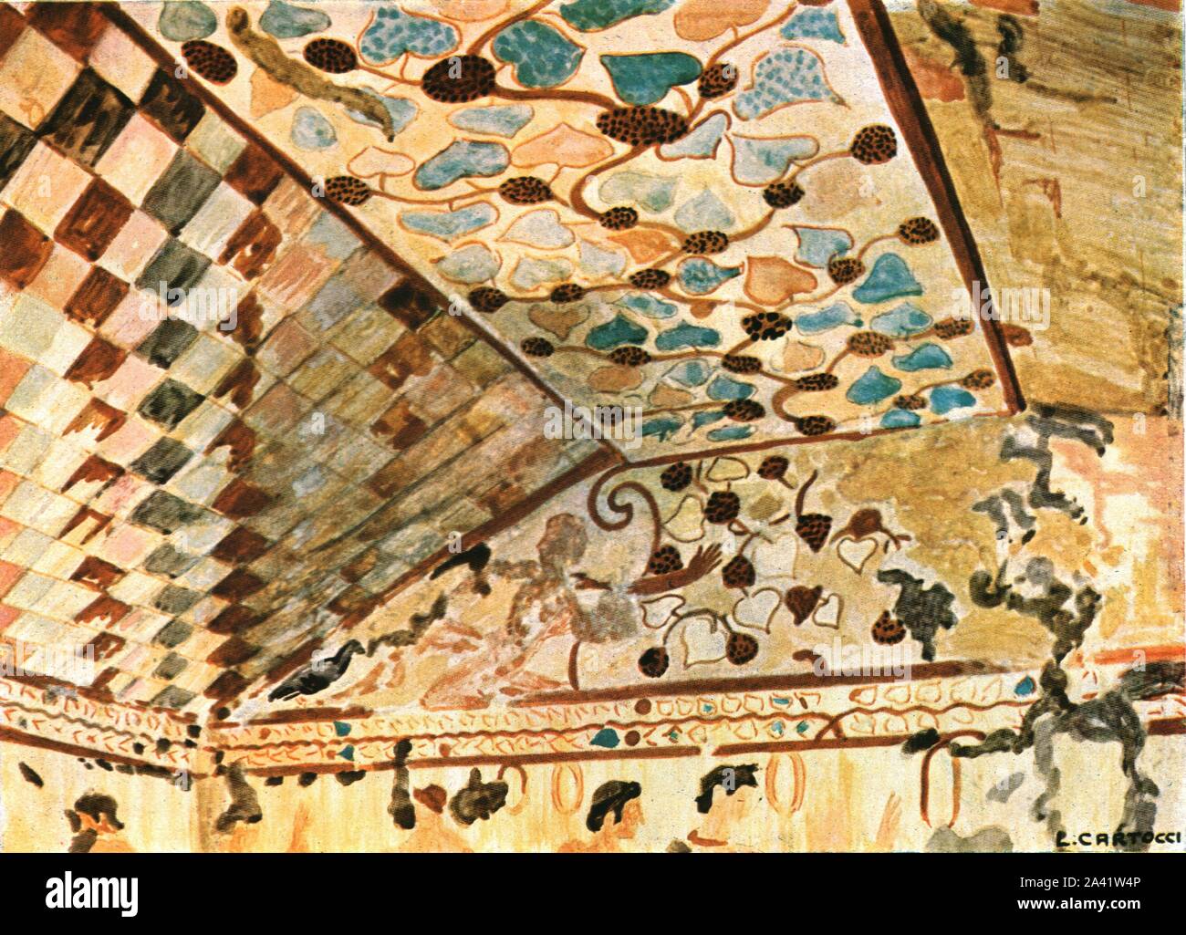 Mural painting in the Tomb with the Banquet (Tomba del Triclinio), Tarquinia, Italy, (1928). Etruscan burial chamber, 'About 500 B.C...Left corner'. After a water-colour by L. Cartocci. Plate XXIII, fig 60, from &quot;An Encyclopaedia of Colour Decoration from the Earliest Times to the Middle of the XIXth Century&quot; with explanatory text by Helmuth Bossert. [Ernst Wasmuth Ltd., Berlin, 1928] Stock Photo