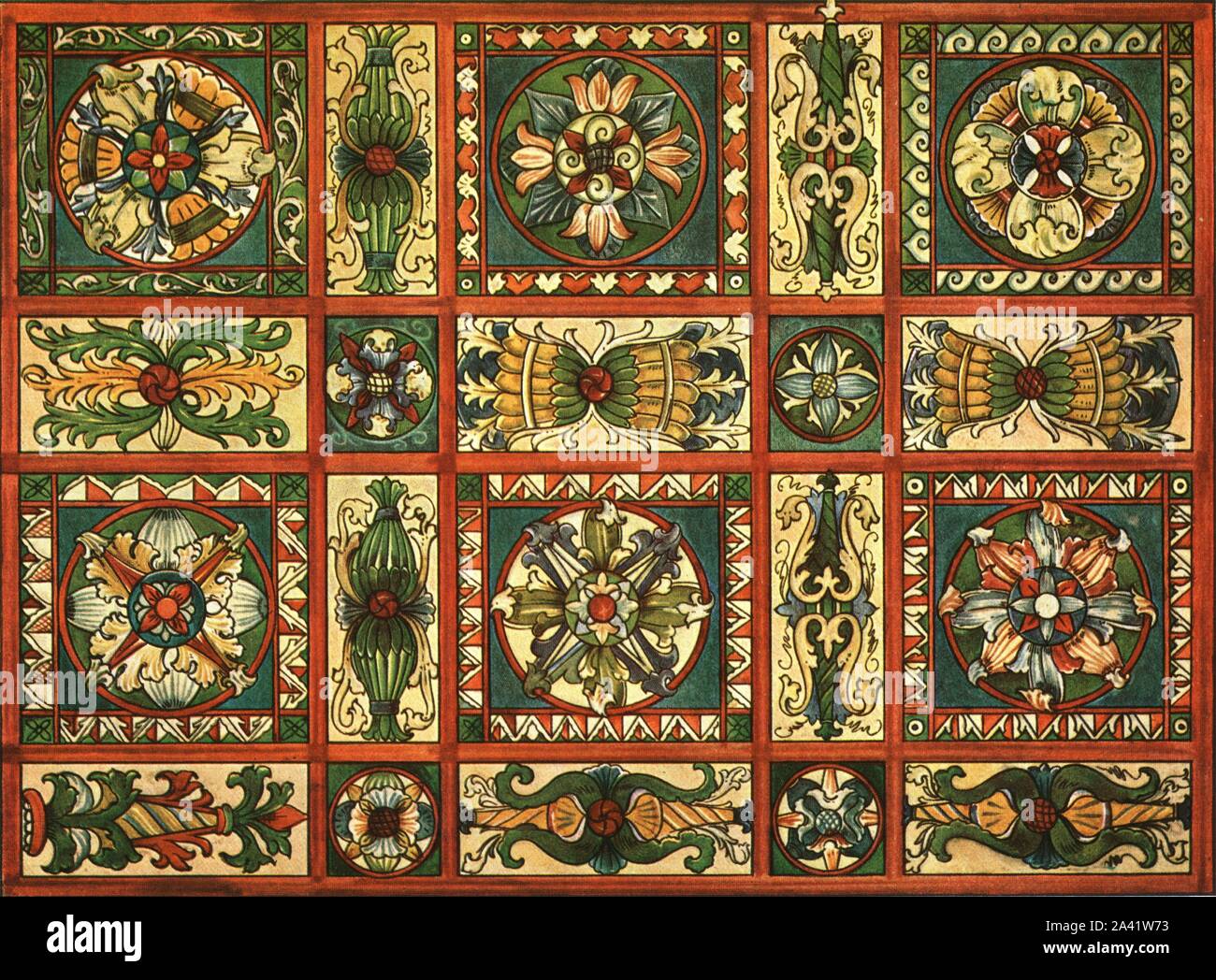 Decoration in St Valentine's Church, Chechlau, (1928). '2nd Quarter of 16th Century...Detail of a painted ceiling in the nave of St. Valentine's at Chechlau [Chechlo], (Silesia)'. After R. Borrmann. Plate LXXXVII, fig 177, from &quot;An Encyclopaedia of Colour Decoration from the Earliest Times to the Middle of the XIXth Century&quot; with explanatory text by Helmuth Bossert. [Ernst Wasmuth Ltd., Berlin, 1928] Stock Photo