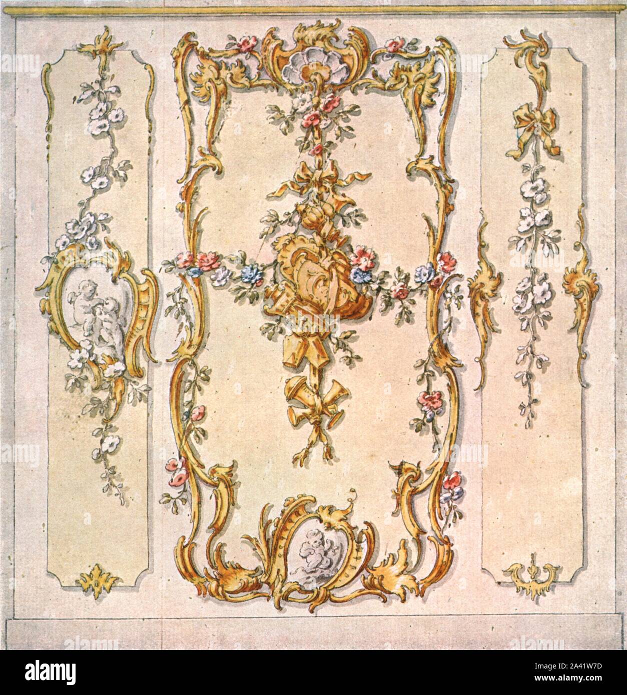Design for a mural decoration, Germany, (1928). 'About 1760'. After a water-colour. Plate XCIX, fig 192, from &quot;An Encyclopaedia of Colour Decoration from the Earliest Times to the Middle of the XIXth Century&quot; with explanatory text by Helmuth Bossert. [Ernst Wasmuth Ltd., Berlin, 1928] Stock Photo