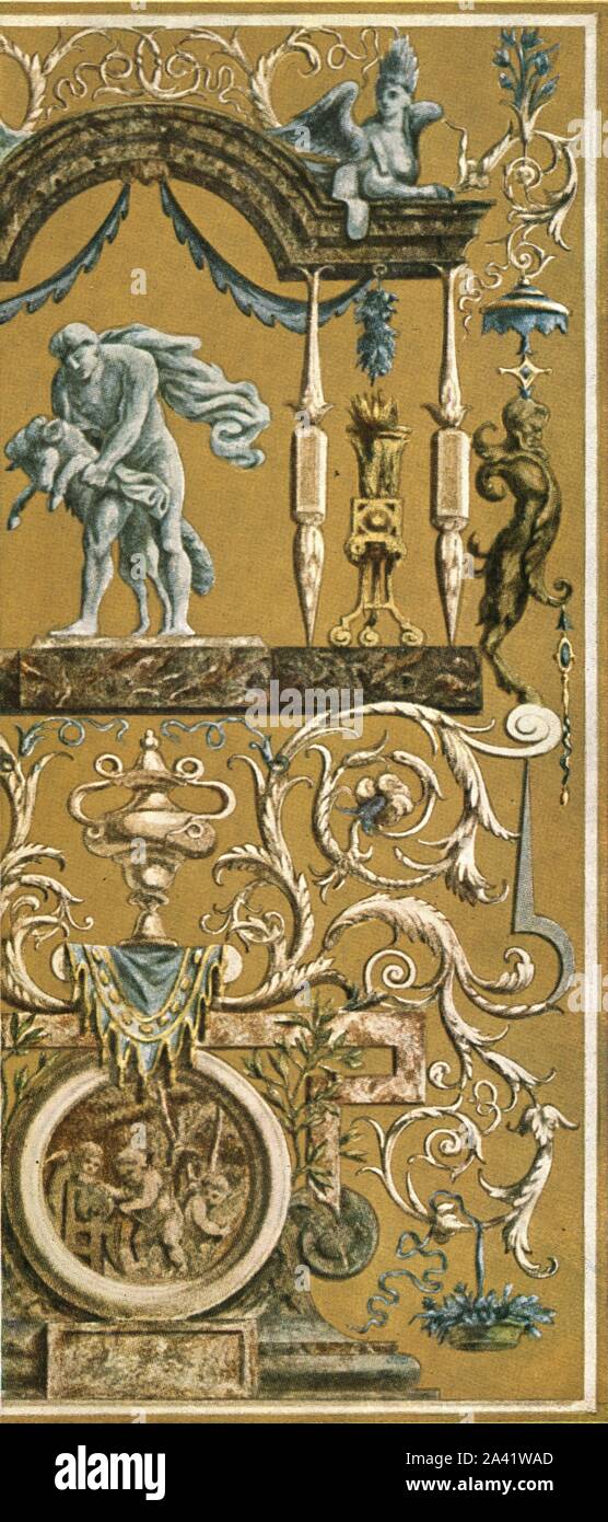 Decorative painting in the Louvre, Paris, France, (1928). 'About 1665...Decorative painting (Grand trumeau, petits trumeaux) in the Gallery of Apollo [Galerie d'Apollon]'. Detail of decorations in the Louvre Palace - a pier glass or trumeau mirror is a mirror which is placed on a pier, (a wall between two windows supporting an upper structure). Part of the Louvre was rebuilt after a fire in February 1661, and Charles Le Brun was assigned responsibility for decorations. Restoration work was carried out by F&#xe9;lix Duban, 1848-1851. After P. Gelis Didot. Plate XCII, fig 185, from &quot;An Ency Stock Photo